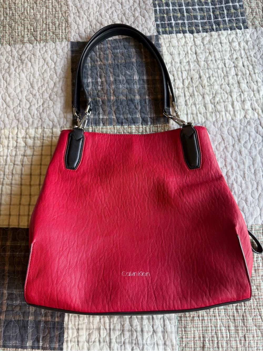 Calvin Klein Elaine Red and Black Triple Compartment Tote Handbag